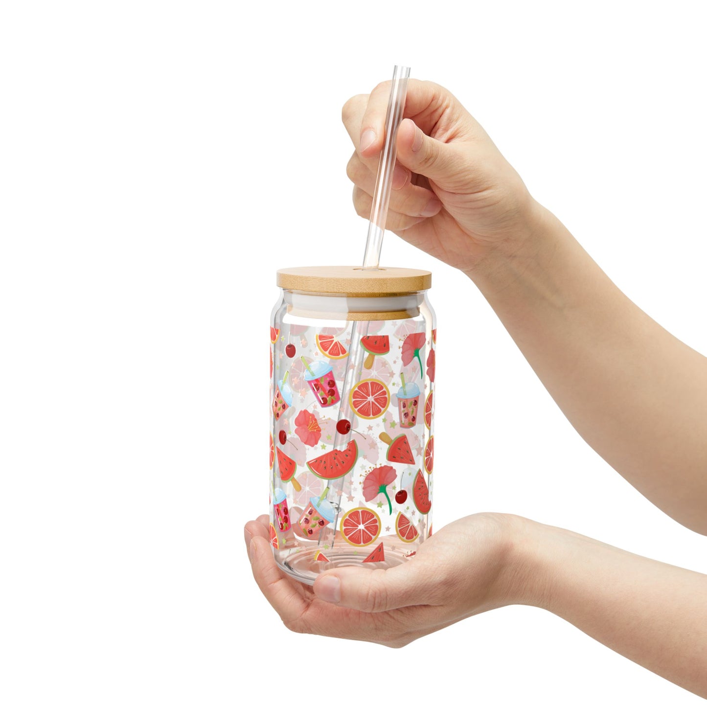 Fruits & Refreshments Sipper Glass | 16oz Mason Jar with Straw | Perfect for Summer Drinks