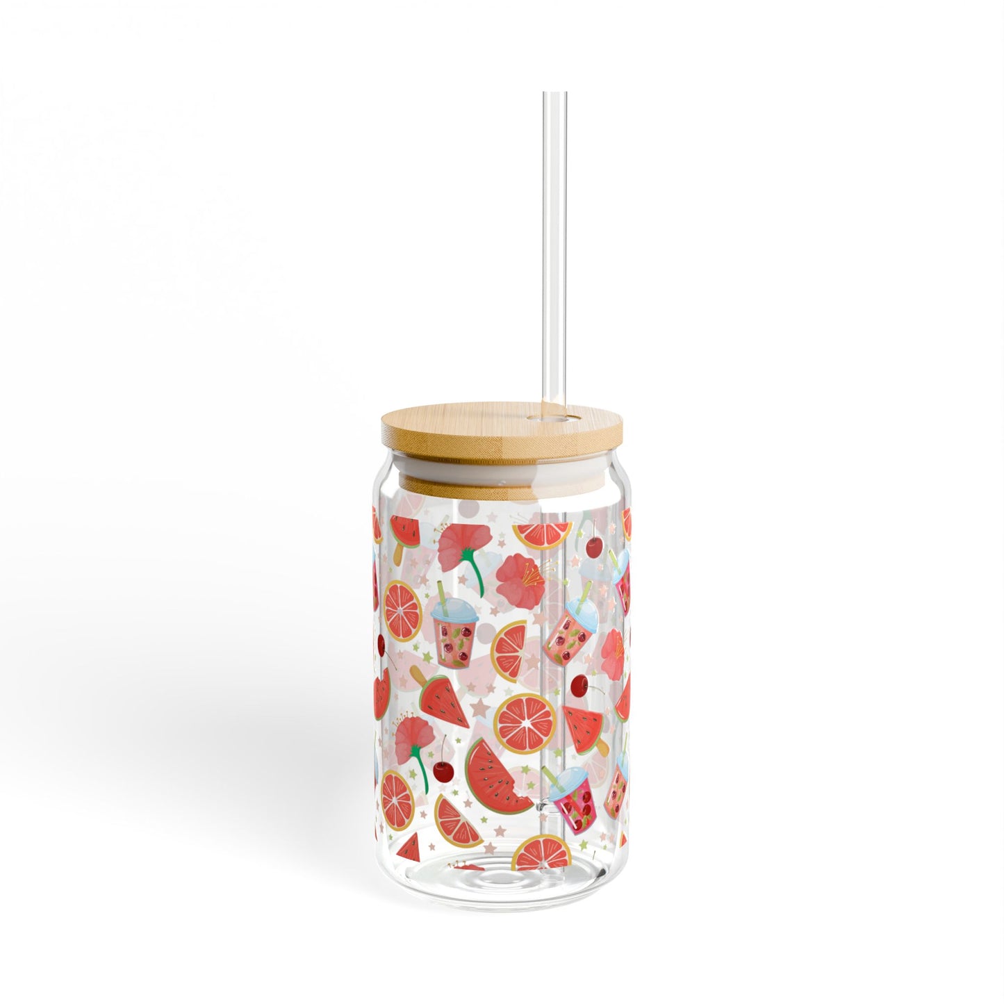 Fruits & Refreshments Sipper Glass | 16oz Mason Jar with Straw | Perfect for Summer Drinks