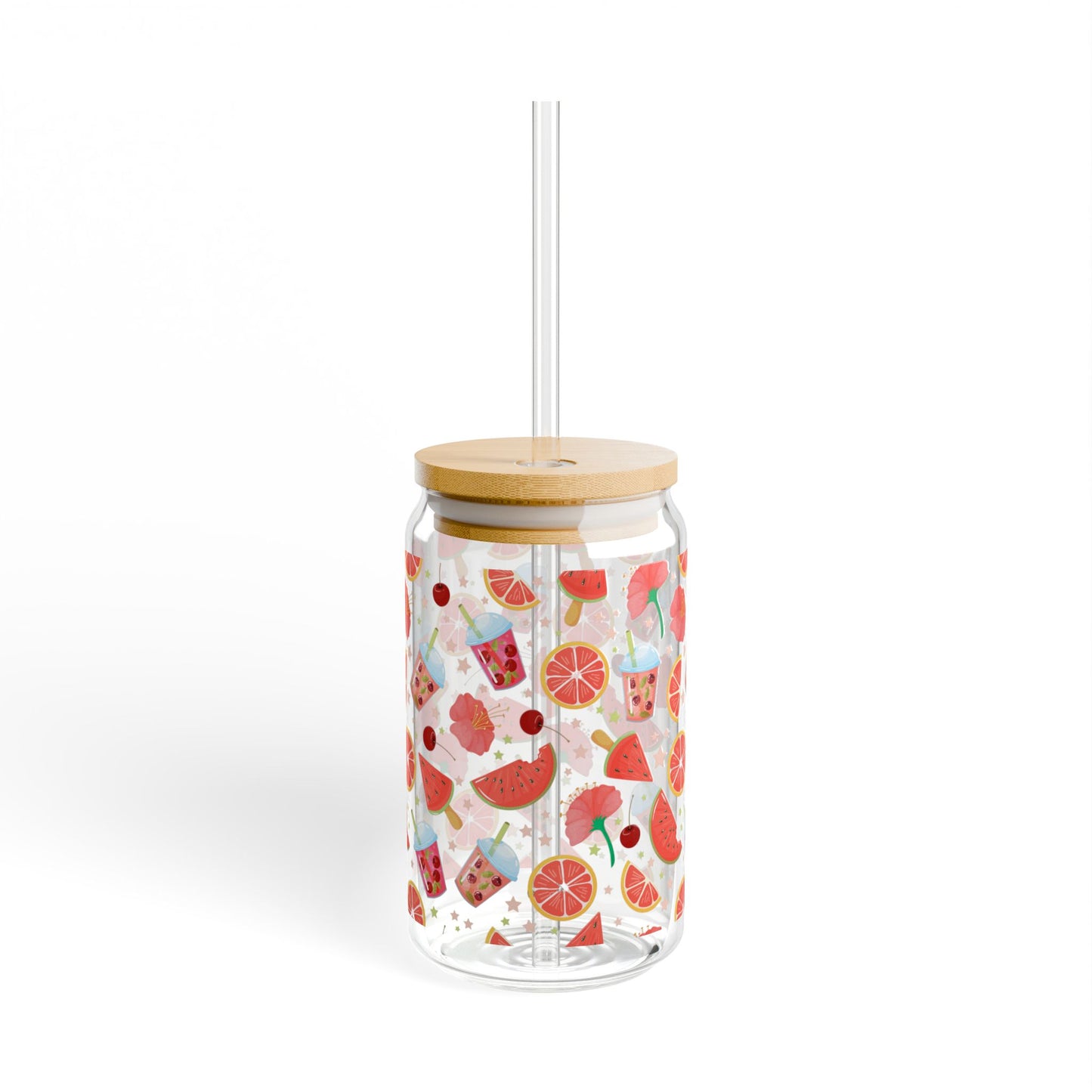 Fruits & Refreshments Sipper Glass | 16oz Mason Jar with Straw | Perfect for Summer Drinks