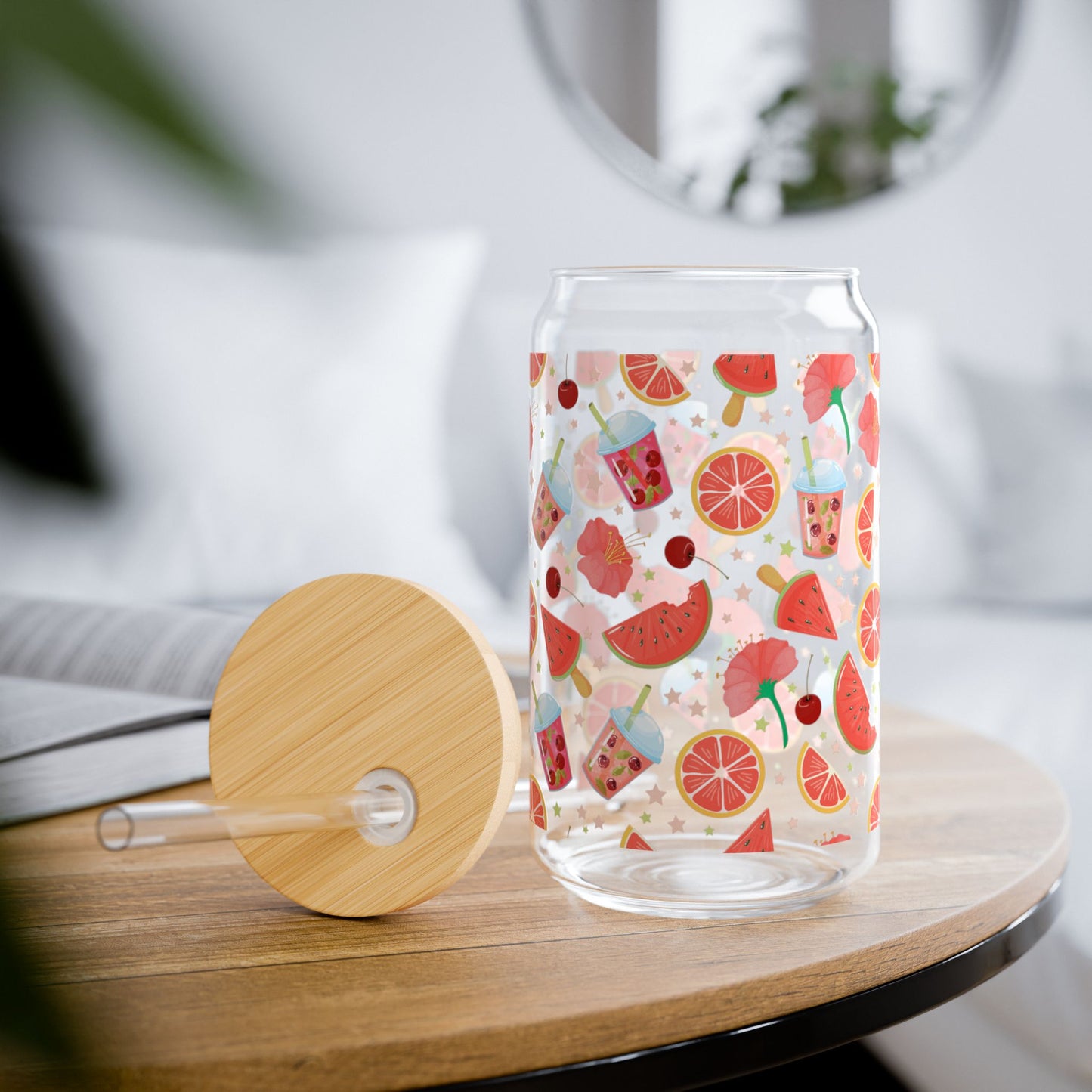 Fruits & Refreshments Sipper Glass | 16oz Mason Jar with Straw | Perfect for Summer Drinks