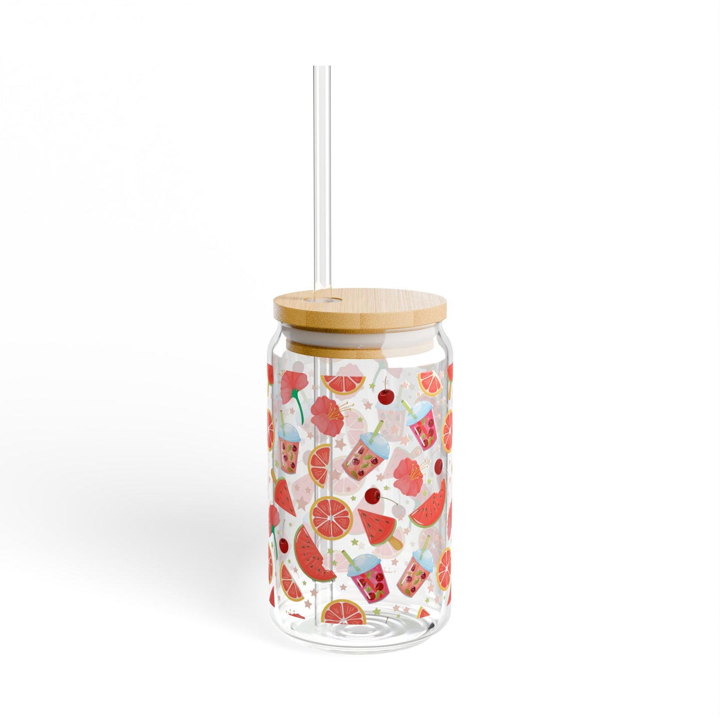 Fruits & Refreshments Sipper Glass | 16oz Mason Jar with Straw | Perfect for Summer Drinks