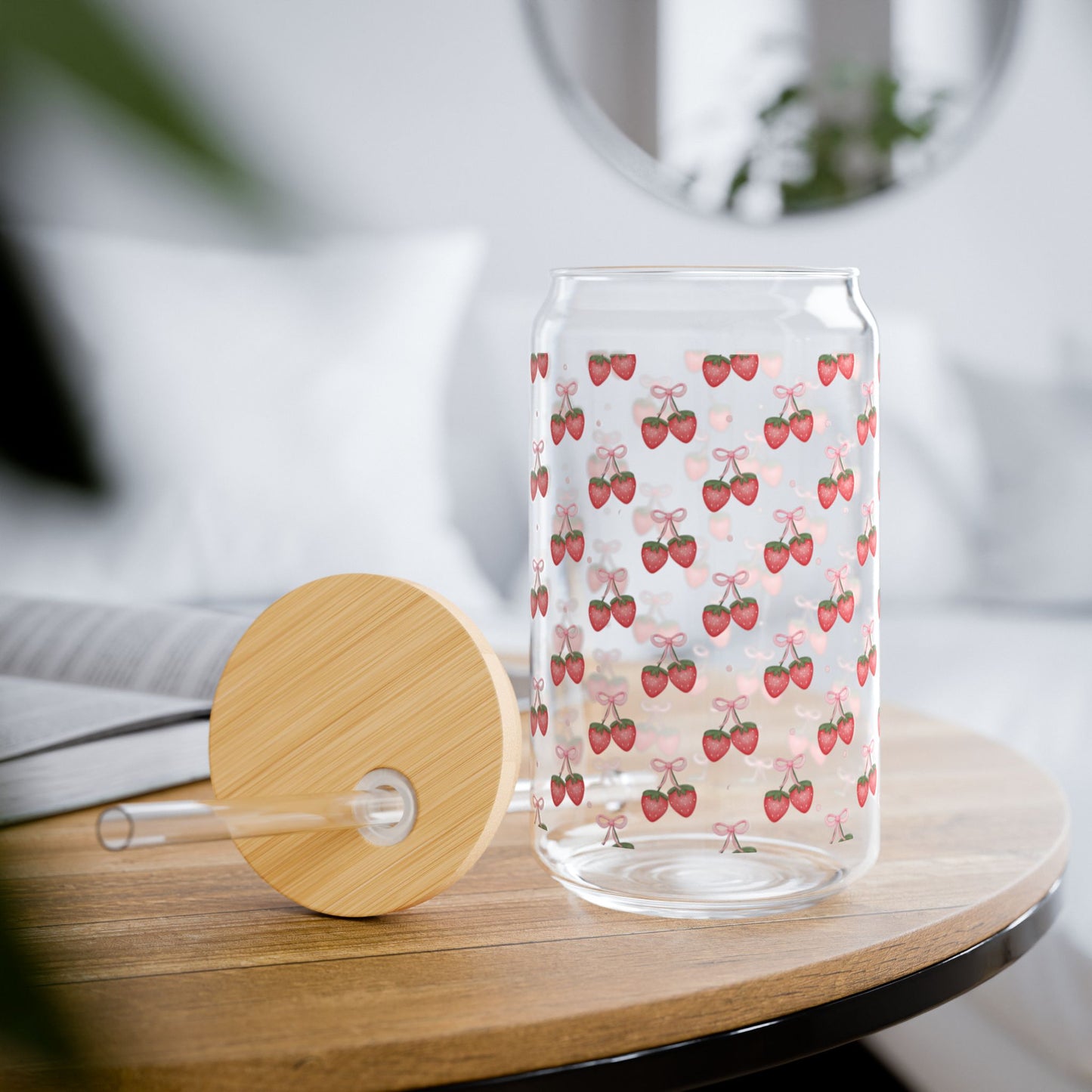 Strawberry Cherry Pattern Sipper Glass - 16oz Eco-Friendly Drinkware with Straw