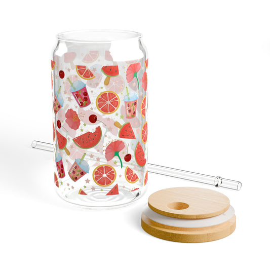 Fruits & Refreshments Sipper Glass | 16oz Mason Jar with Straw | Perfect for Summer Drinks