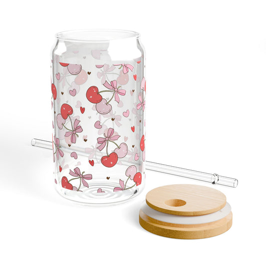 Charming Cherry Sipper Glass - 16oz with Eco-Friendly Bamboo Lid