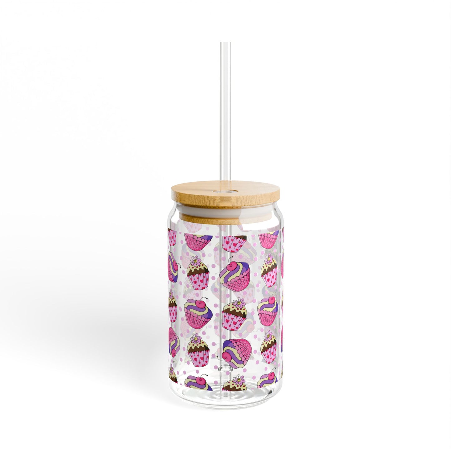 Cute Pink cupcake Sipper Glass – 16oz with Bamboo Lid