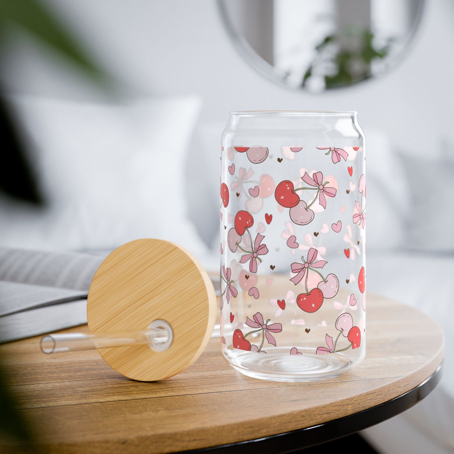 Charming Cherry Sipper Glass - 16oz with Eco-Friendly Bamboo Lid