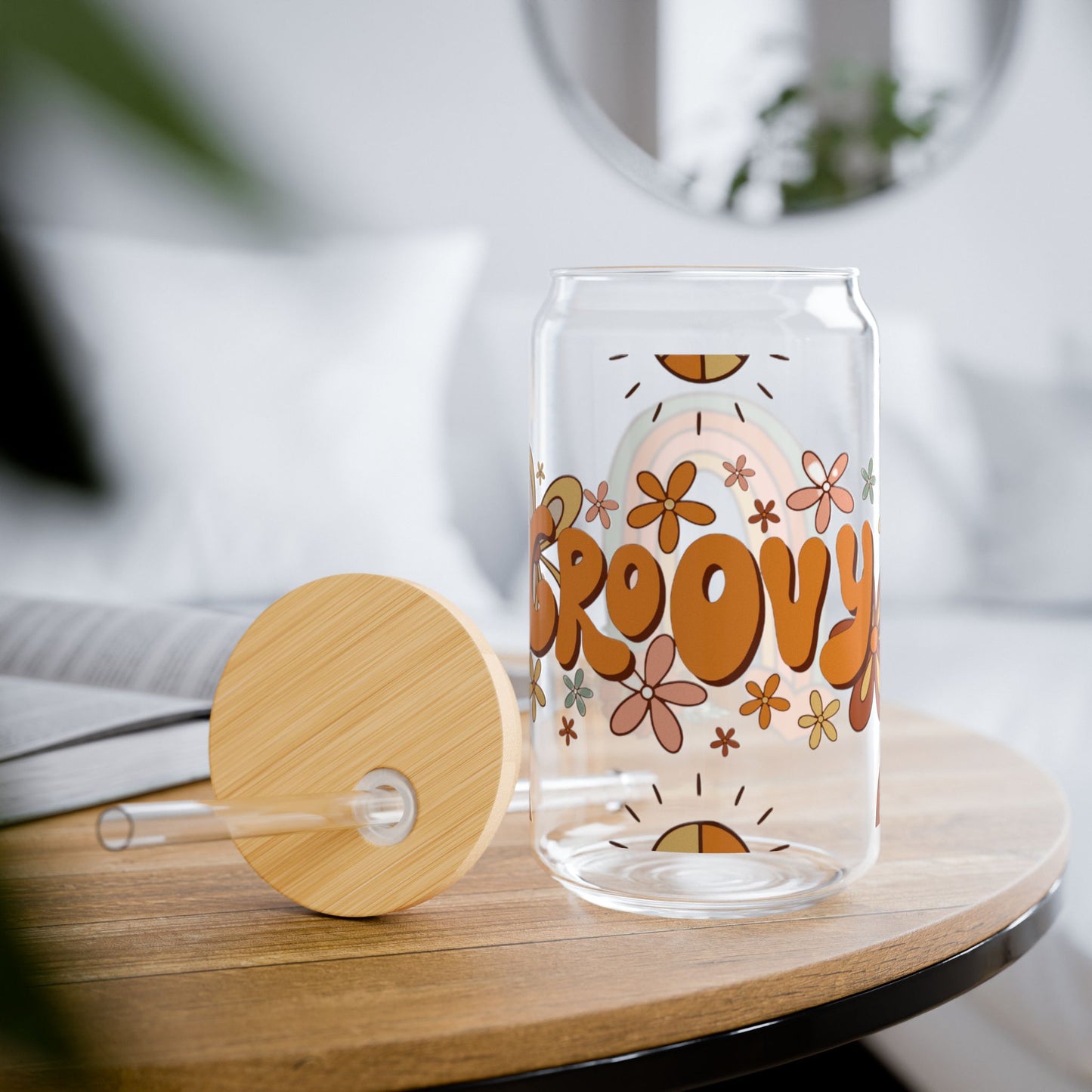 Groovy 16oz Sipper Glass with Bamboo Lid - Fun Floral Drinkware for Eco-Friendly Living