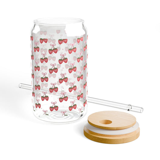 Strawberry Cherry Pattern Sipper Glass - 16oz Eco-Friendly Drinkware with Straw