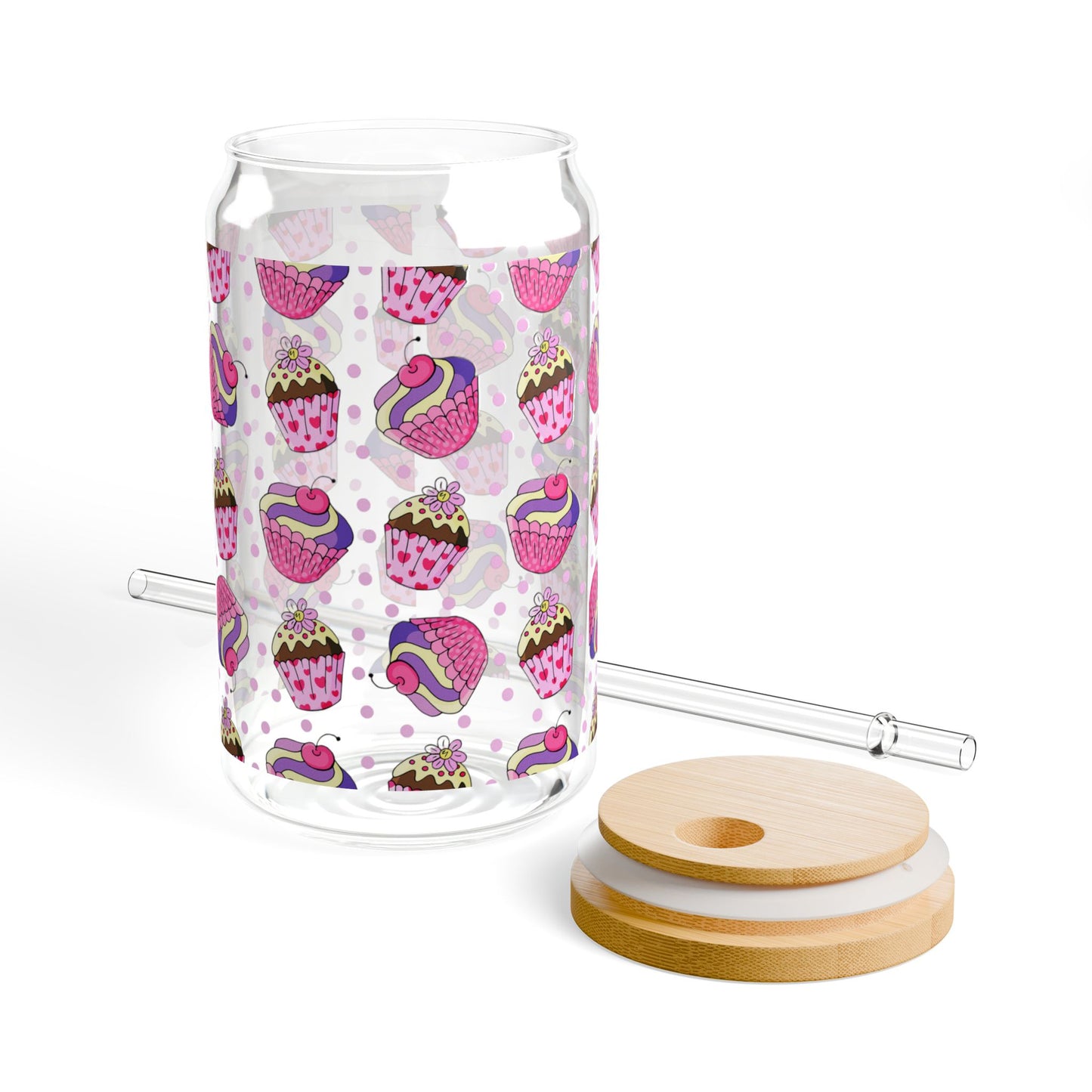 Cute Pink cupcake Sipper Glass – 16oz with Bamboo Lid